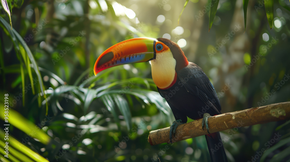 Colorful toucan perched on branch in tropical jungle. Colorful toucan perched on branch in tropical jungle.