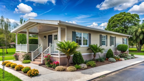 Pristine modern manufactured home situated in a serene residential neighborhood, boasting stunning landscaping and a photo