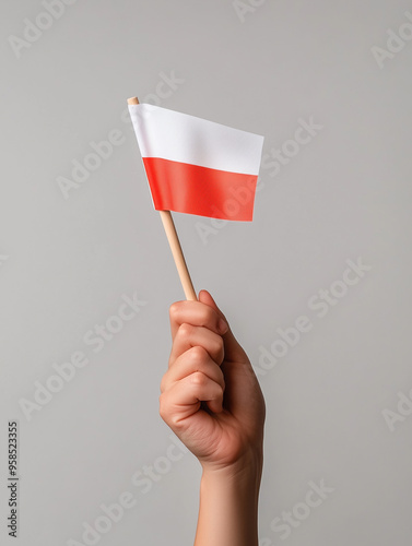 National Independence Day in Poland Hand holding  small Polish flag

 photo