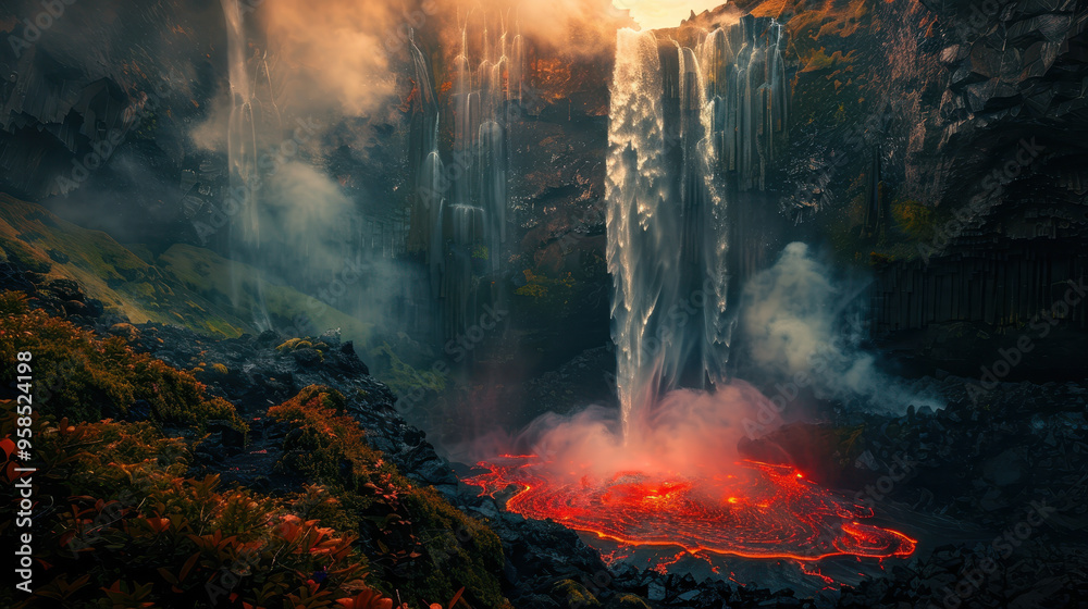 Fiery waterfall with flowing lava in tropical jungle. Fiery waterfall with flowing lava in tropical jungle.