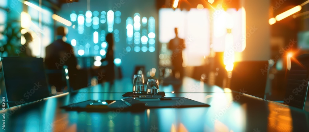 A modern conference room setup with a sleek table, water bottles, and sunlight streaming through large windows. A modern conference room setup with a sleek table, water bottles, and sunlight streaming through large windows.