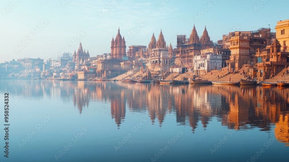 Fototapeta premium A panoramic view of the Ganges River in Varanasi, with ghats and temples reflecting in the water, devoid of any people