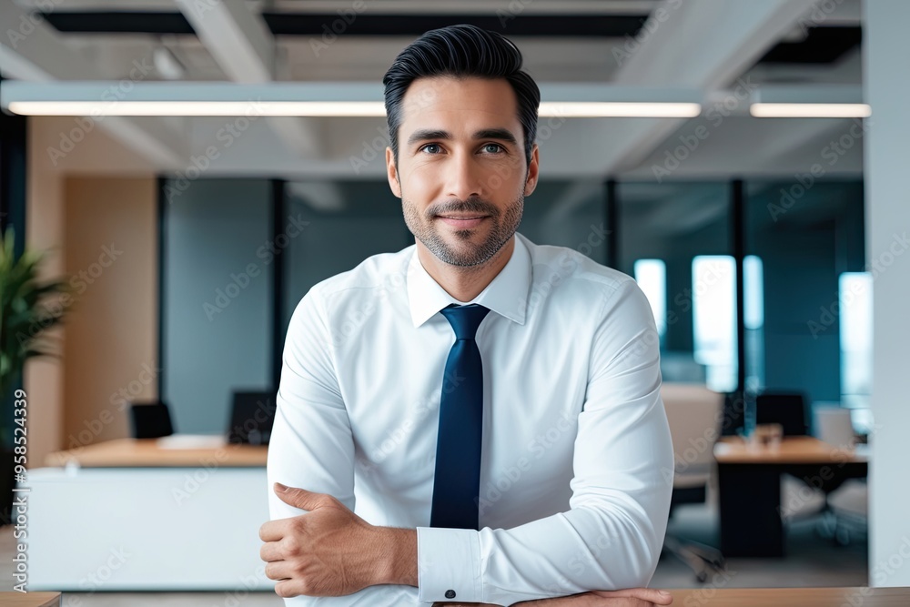 Fototapeta premium Optimistic 45-Year-Old Entrepreneur Overlooking Future in Modern Office Setting
