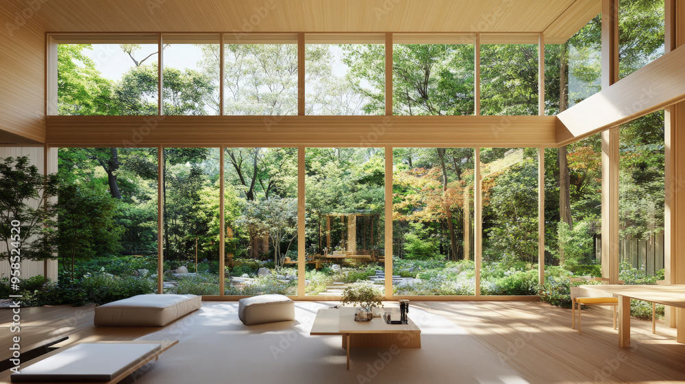Fototapeta premium A serene room with large windows provides a stunning view of a lush, green forest, creating a tranquil and harmonious atmosphere.