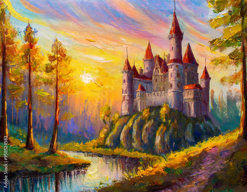 Castle in an forest, autumn artwork painting