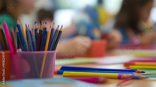 23. Students drawing and coloring at their desks with various art supplies