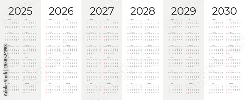 Simple calendar set for 2025 2026 2027 2028 2029 2030 years. Editable vertical vector calender
