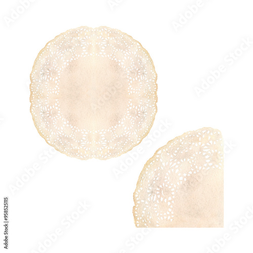 Beige watercolor lace, knitted napkin on a white background. Watercolor illustration, clipart. Romance, wedding, holiday, birthday. Template for scrapbooking, textiles, printed products