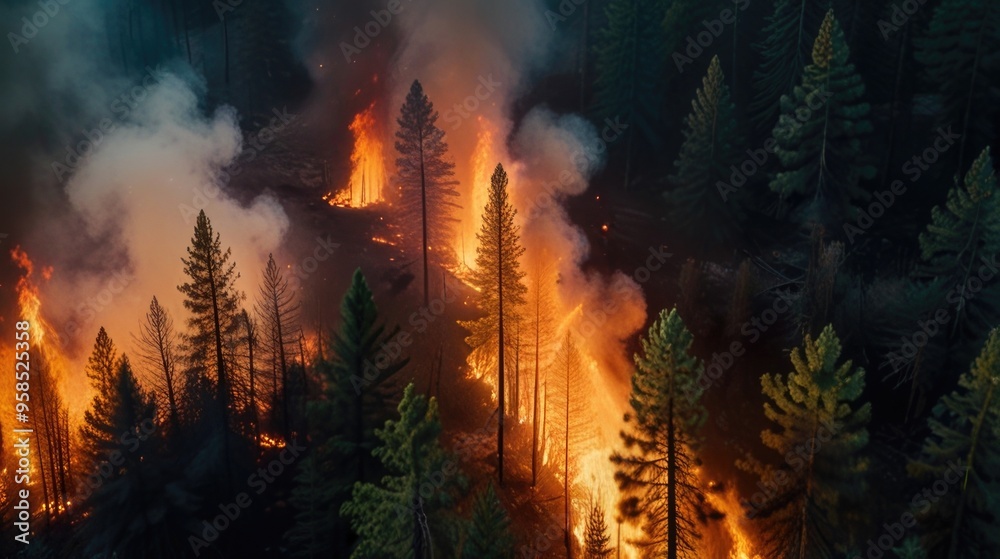Aerial view of wildfire in the pine forest Aerial view of wildfire in the pine forest