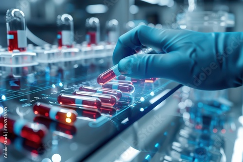 Wallpaper Mural A professional hand in a blue glove selects a test tube from a modern laboratory setup with illuminated equipment. Torontodigital.ca