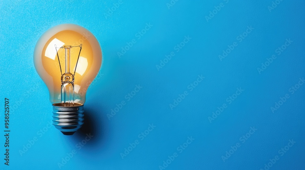 A solitary lightbulb illuminating a blue background with copy space A solitary lightbulb illuminating a blue background with copy space