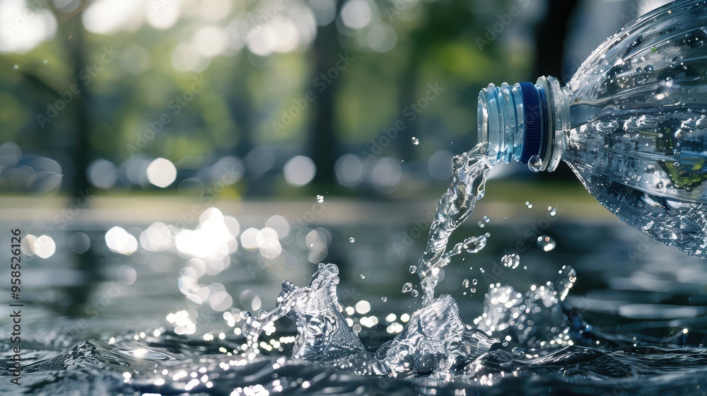 A refreshing view of water pouring from a plastic bottle, creating splashes in a serene outdoor setting. Perfect for hydration themes. A refreshing view of water pouring from a plastic bottle, creating splashes in a serene outdoor setting. Perfect for hydration themes.