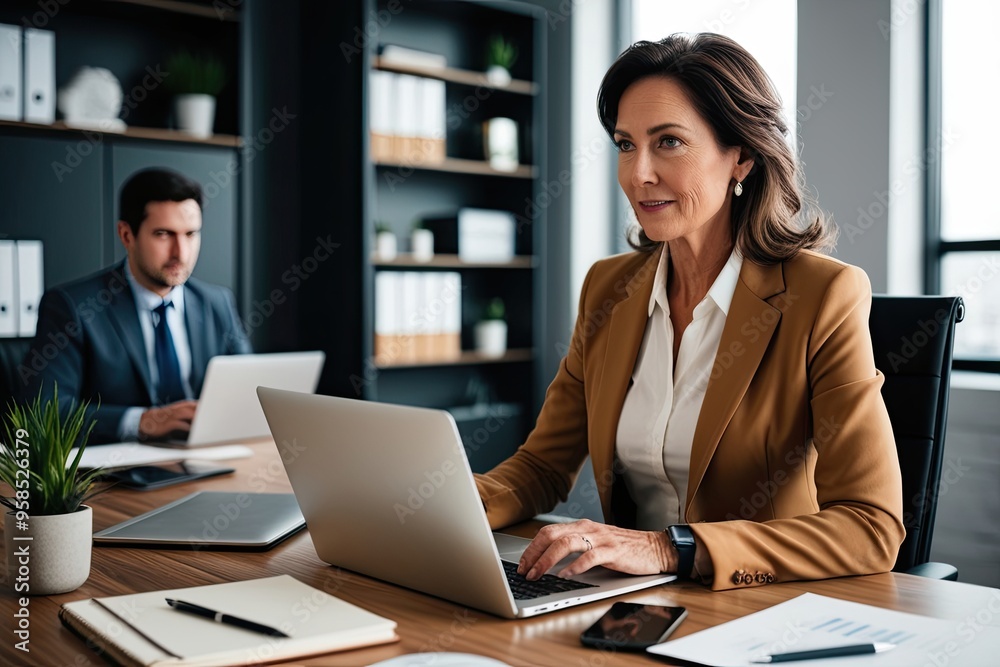 Middle-Aged Businesswoman Utilizing Laptop to Drive Innovation in Technology Office Middle-Aged Businesswoman Utilizing Laptop to Drive Innovation in Technology Office