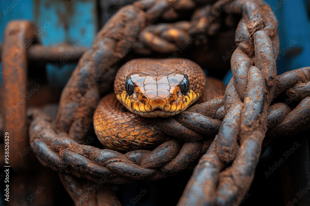 A coiled snake lies on a detailed and rusted chain in an industrial environment, showcasing a stark contrast between the vibrant scales and weathered metal. A coiled snake lies on a detailed and rusted chain in an industrial environment, showcasing a stark contrast between the vibrant scales and weathered metal.