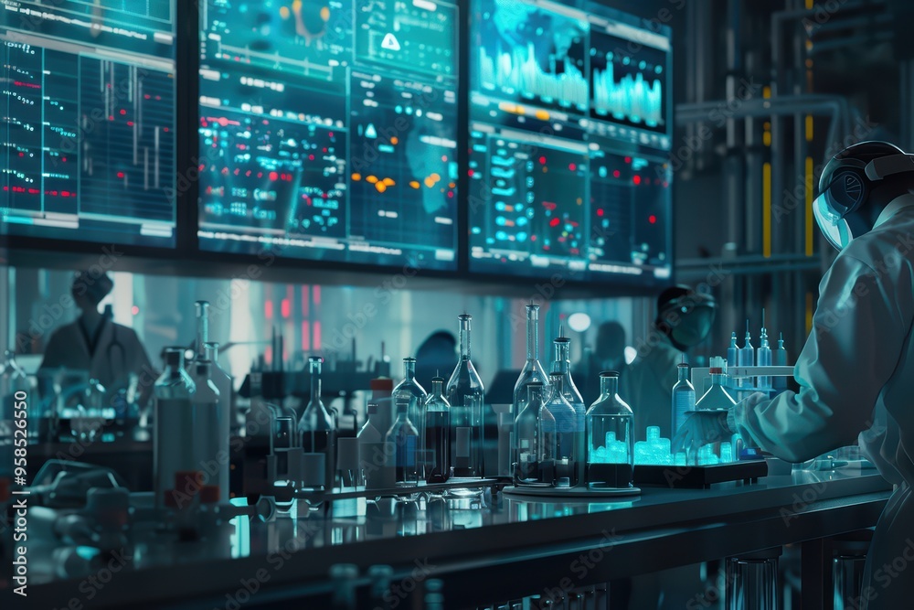 A scientist analyzes data in a modern lab setting, surrounded by advanced technology and scientific equipment. A scientist analyzes data in a modern lab setting, surrounded by advanced technology and scientific equipment.