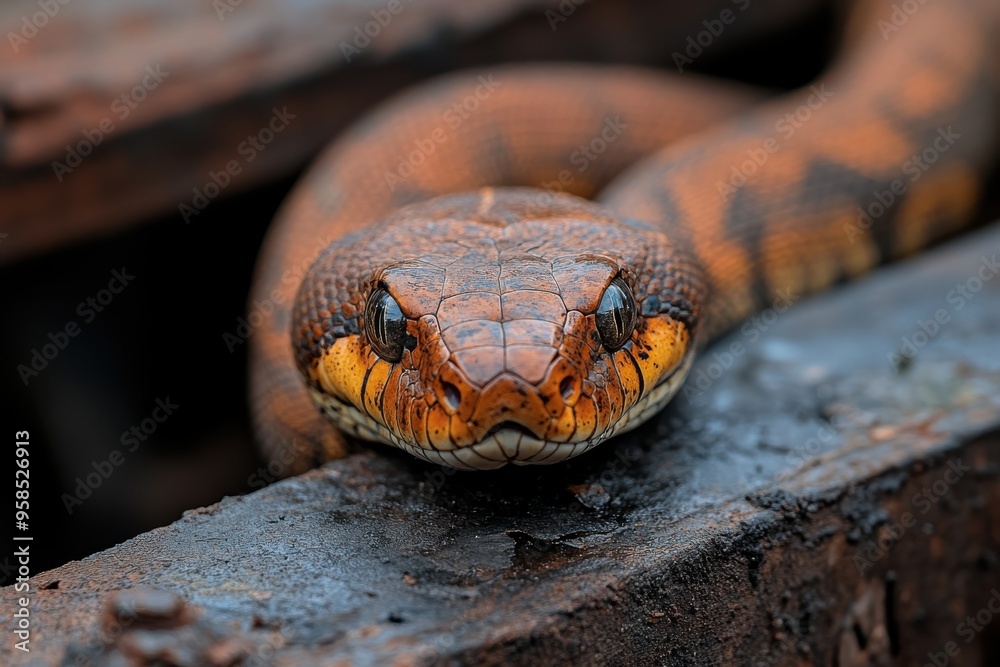 Fototapeta premium A brown and orange snake with distinct scales lies on a rusty metal surface, providing a captivating visual interplay between the reptile and the industrial setting.