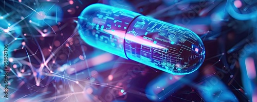 Futuristic capsule with neon glow, representing advanced medicine and technology in a digital landscape.