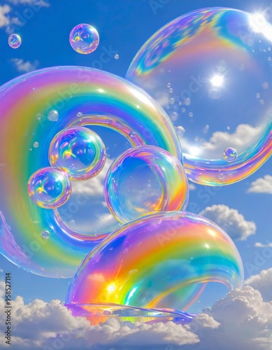Bubbles in the Sky, Clean 3d Abstract Artwork with Copy Space.