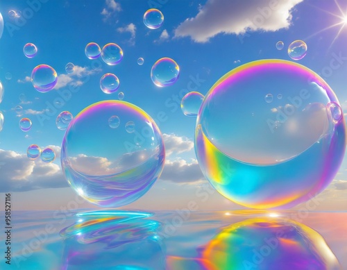 Bubbles in the Sky, Clean 3d Abstract Artwork with Copy Space.