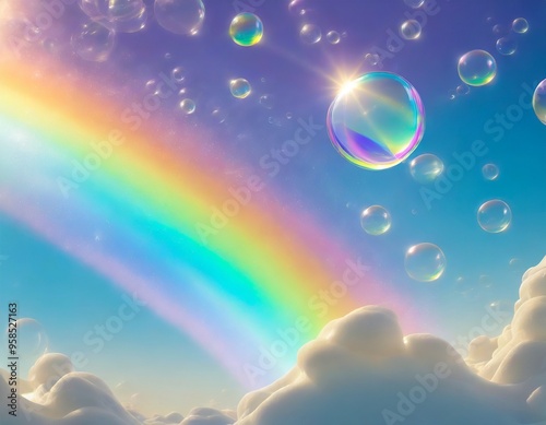 Bubbles in the Sky, Clean 3d Abstract Artwork with Copy Space.