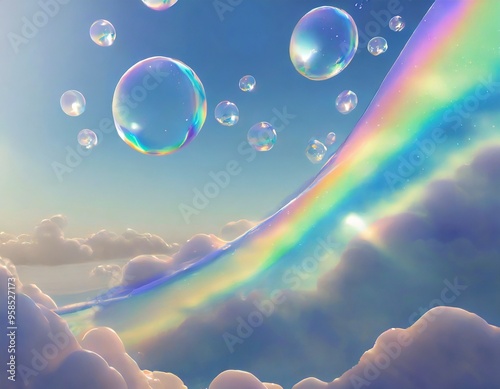 Bubbles in the Sky, Clean 3d Abstract Artwork with Copy Space.
