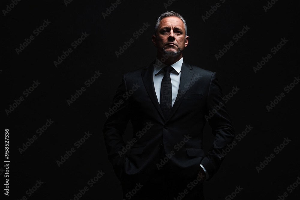 Fototapeta premium A stern-looking man in a dark suit standing confidently against a black background exuding strength and determination