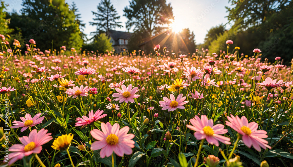 Champs de fleurs au coucher du soleil