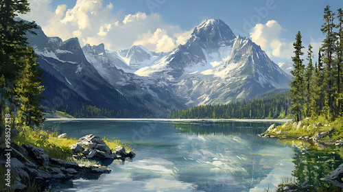 A beautiful river landscape between mountains and clouds. 