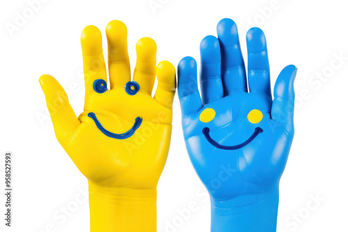 Pair of hands painted with happy smiley faces, isolated on white background