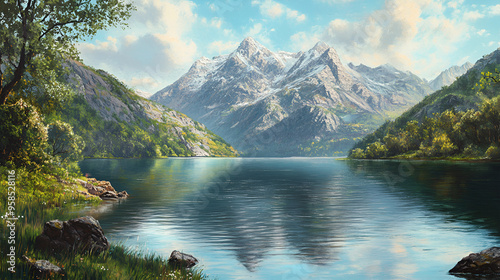 A beautiful river landscape between mountains and clouds. 