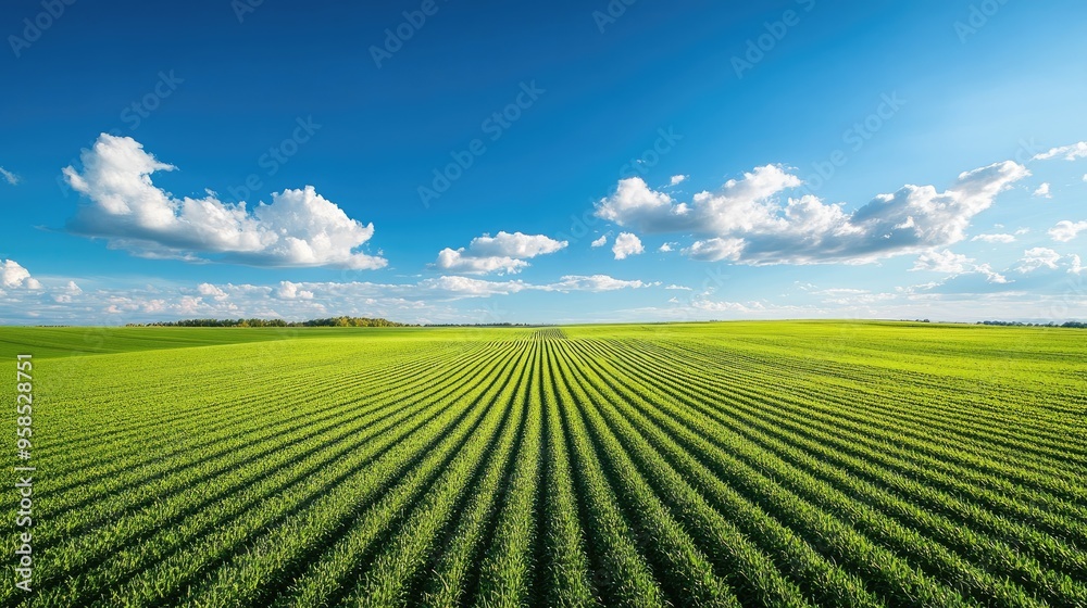 A vast expanse of green farmland, dotted with rows of crops, set against a backdrop of clear blue skies A vast expanse of green farmland, dotted with rows of crops, set against a backdrop of clear blue skies