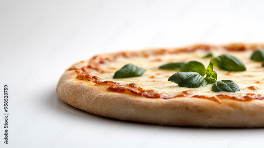 Close-up of a freshly baked cheese pizza topped with fresh basil leaves, displayed against a plain white background. Close-up of a freshly baked cheese pizza topped with fresh basil leaves, displayed against a plain white background.