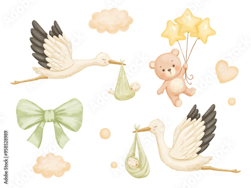 Watercolor stork carries newborn and cute baby bear with balloon. Cute hand drawn illustrations set isolated on white background