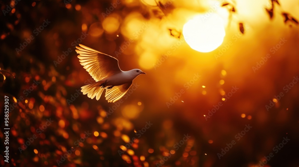A beautiful bird in flight at sunset, surrounded by warm golden hues, capturing the essence of freedom and tranquility. A beautiful bird in flight at sunset, surrounded by warm golden hues, capturing the essence of freedom and tranquility.