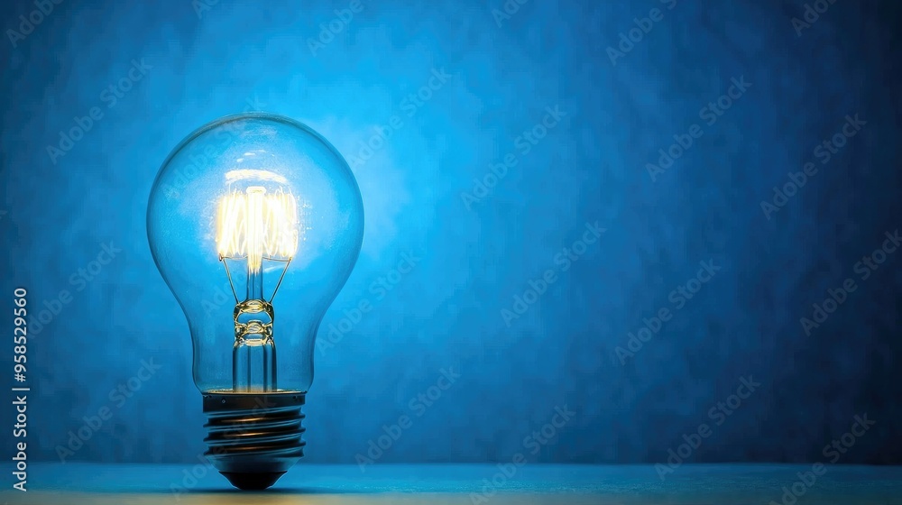 A solitary lightbulb illuminating a blue background with copy space A solitary lightbulb illuminating a blue background with copy space