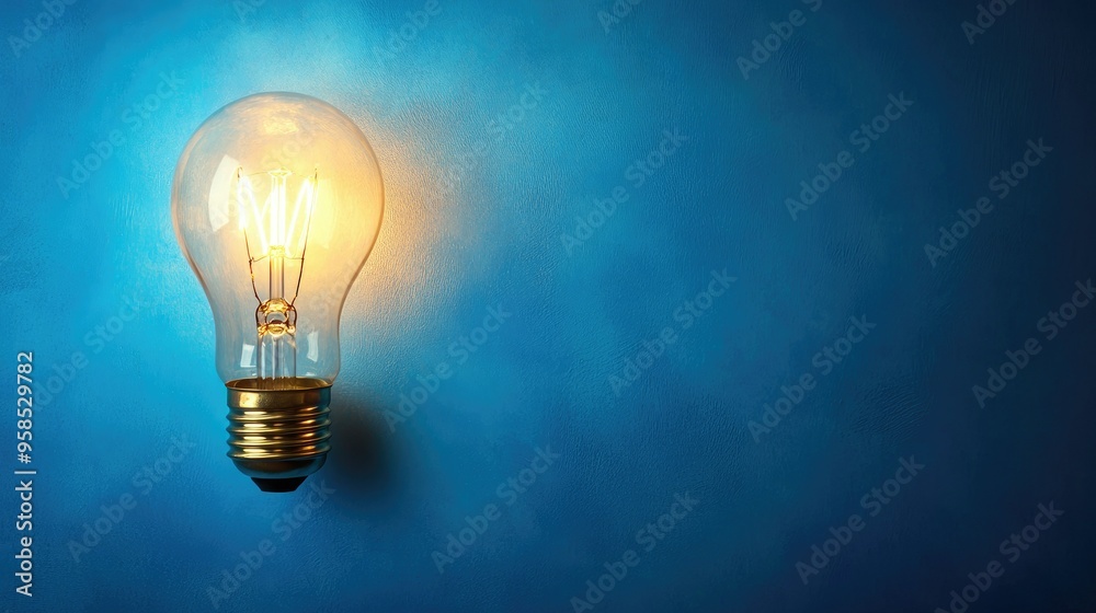 A solitary lightbulb illuminating a blue background with copy space A solitary lightbulb illuminating a blue background with copy space