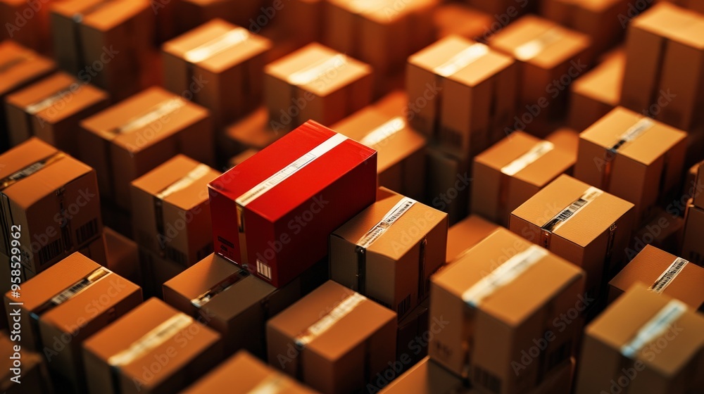 A vibrant red gift box stands out among a sea of brown cardboard boxes, symbolizing joy and surprise in a packed warehouse. A vibrant red gift box stands out among a sea of brown cardboard boxes, symbolizing joy and surprise in a packed warehouse.