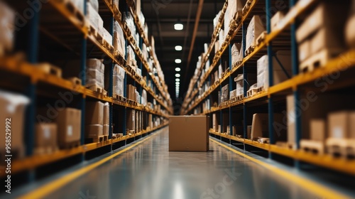 A view of a modern warehouse aisle filled with shelves of cardboard boxes, showcasing organization and storage efficiency.