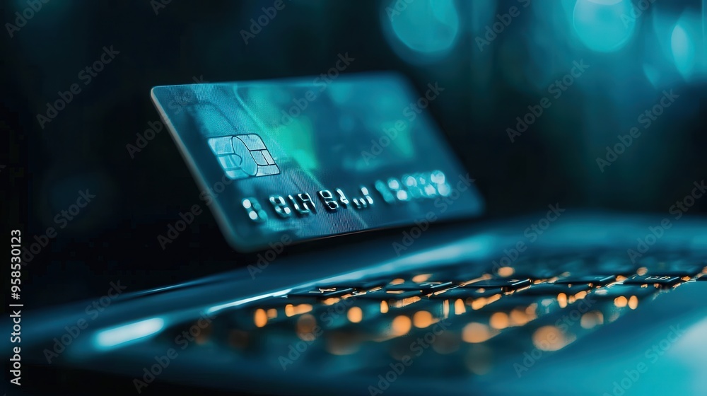 Close-up of a credit card floating above a laptop keyboard, symbolizing online payments and digital transactions. Close-up of a credit card floating above a laptop keyboard, symbolizing online payments and digital transactions.