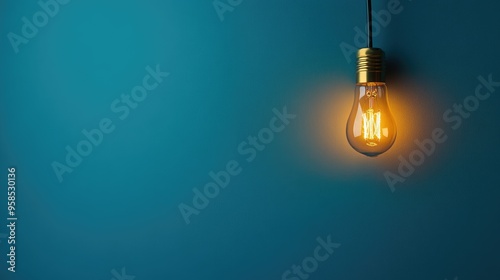 A solitary lightbulb illuminating a blue background with copy space