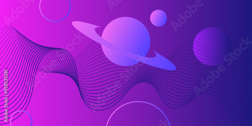 Space background with abstract shape and planets. Space exploring. Web banner. Blend design. Fluid. Vector illustration