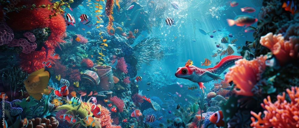 Naklejka premium A vibrant underwater scene featuring colorful corals and a variety of fish, showcasing the beauty of marine life.