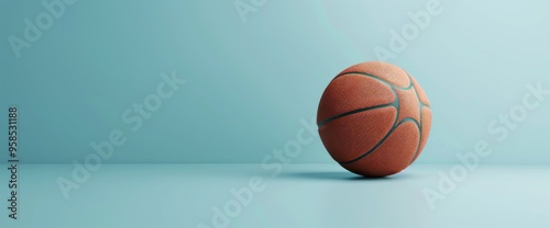 A basketball with a black and gold net sits on a blue background