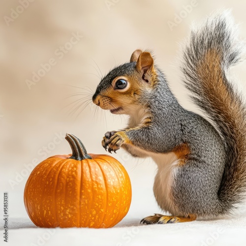 Squirrel sitting next to a small pumpkin on a light background