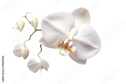 Elegant white orchid with intricate textures and subtle shadows, isolated on white background