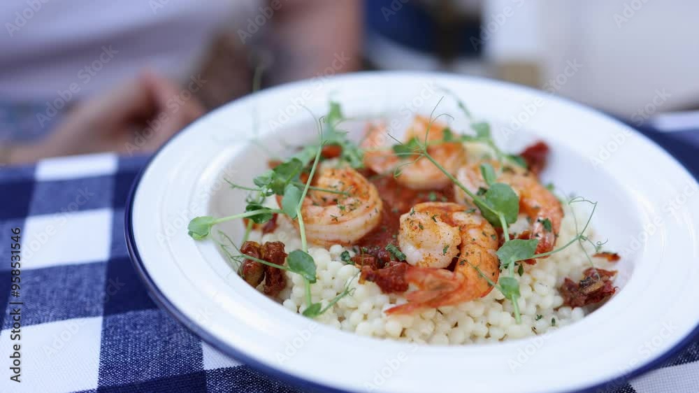 A plate on a table with a blue checkered tablecloth, featuring shrimp. A shrimp dish with herbs on the table in a restaurant. Close-up.