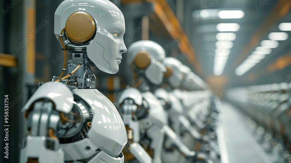 A line of white robots stand in a factory setting. A line of white robots stand in a factory setting.