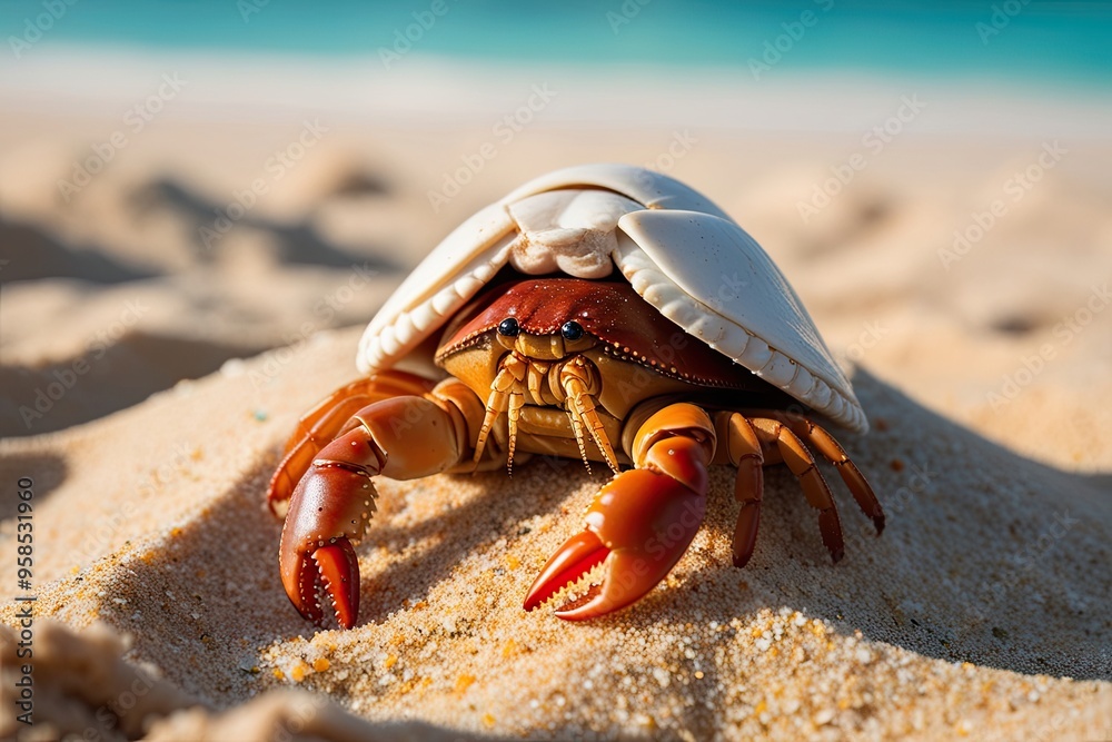 Detailed View of a Hermit Crab Burrowed in Soft Tropical Beach Sand Detailed View of a Hermit Crab Burrowed in Soft Tropical Beach Sand
