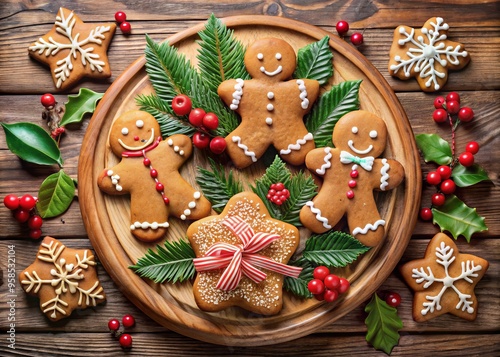 A beautifully arranged assortment of festive sugar cookies, gingerbread men, and sweet treats adorn a sturdy wooden photo