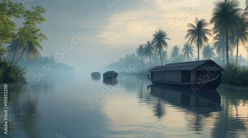The peaceful backwaters of Kerala, with traditional houseboats floating quietly on the water, captured in a moment of tranquility